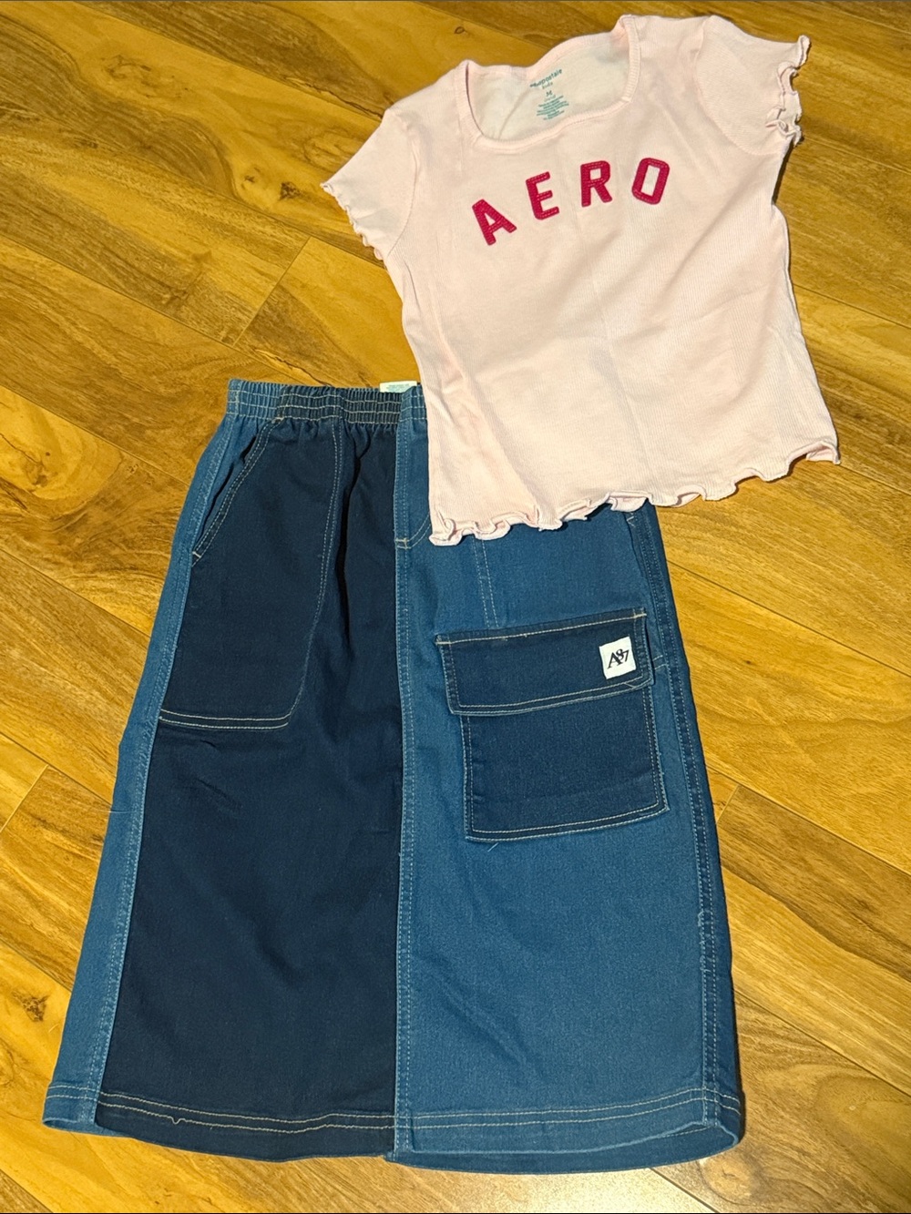 Aeropostale Girls Pink Top with Navy & Denim Blue Patch Skirt